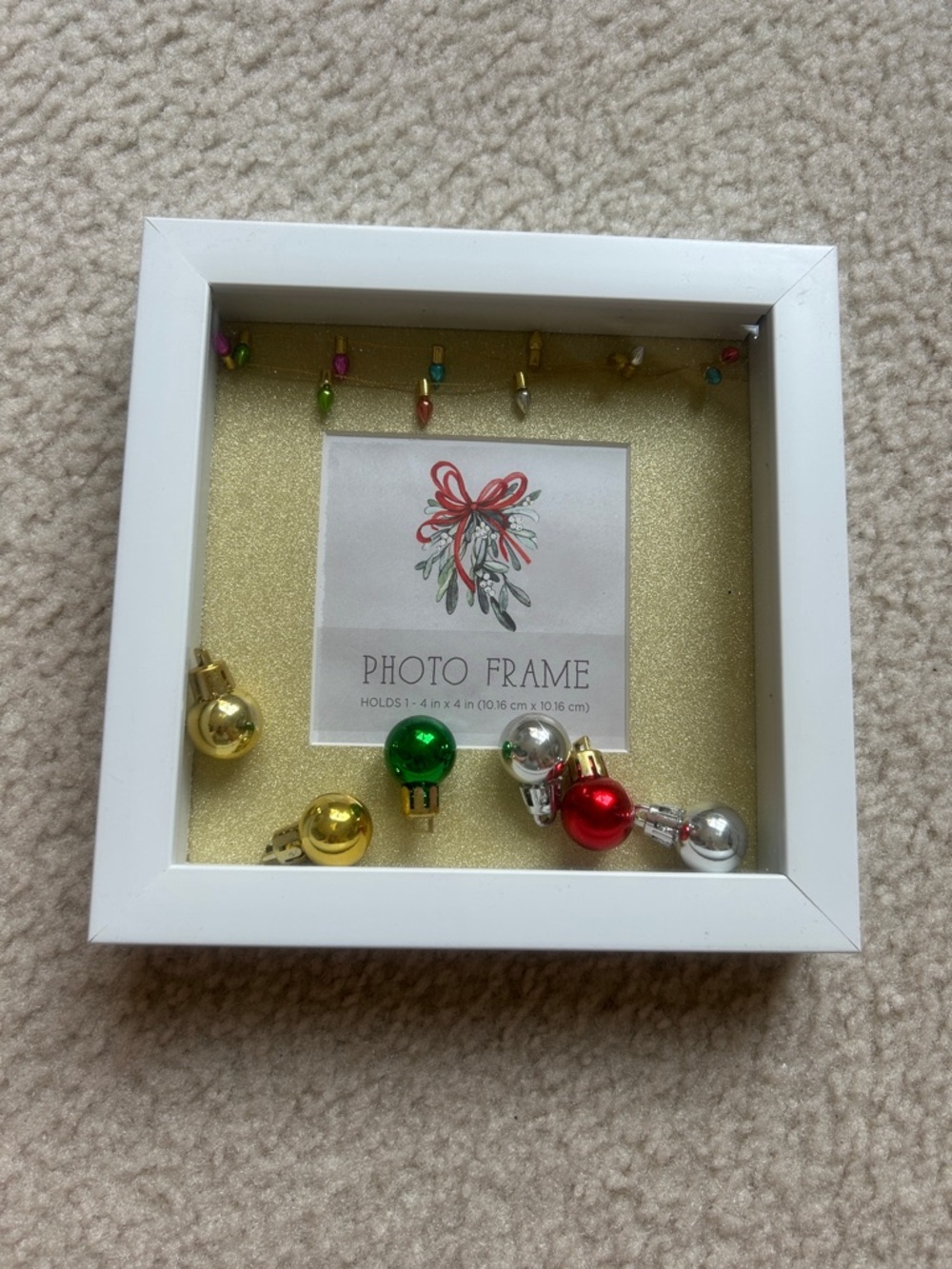White Shadow Box Photo Frame with Gold Glitter Backing and Mini Ornaments
